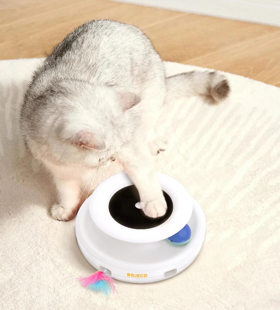 Robeco juguetes inteligentes 2 en 1 para gato y perro, juego automático de plumas y bolas divertidas, 5 modos, accesorios interactivos electrónicos para mascotas