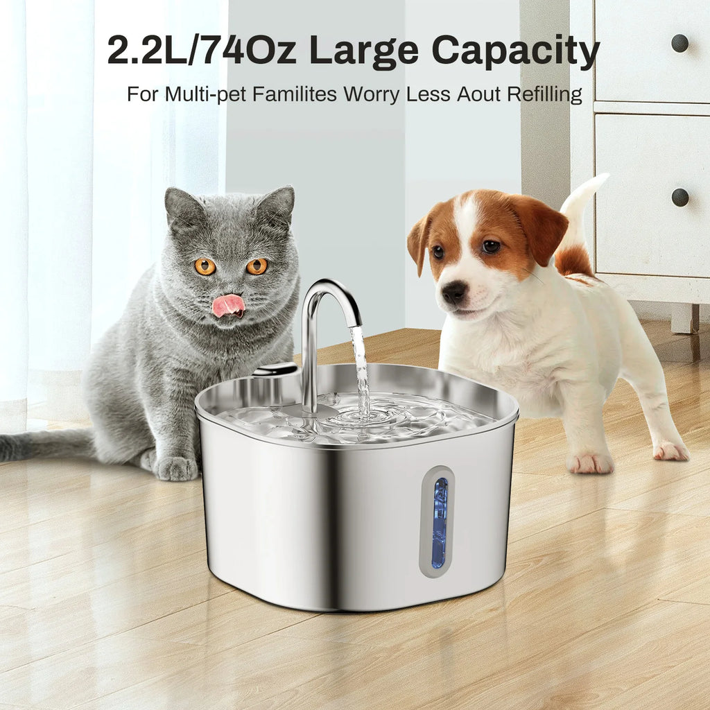 Fuente de Agua Inteligente Mascotas de Acero Inoxidable AquaPaws™ (2.2L) - Con Filtro y Bomba Ultra Silenciosa