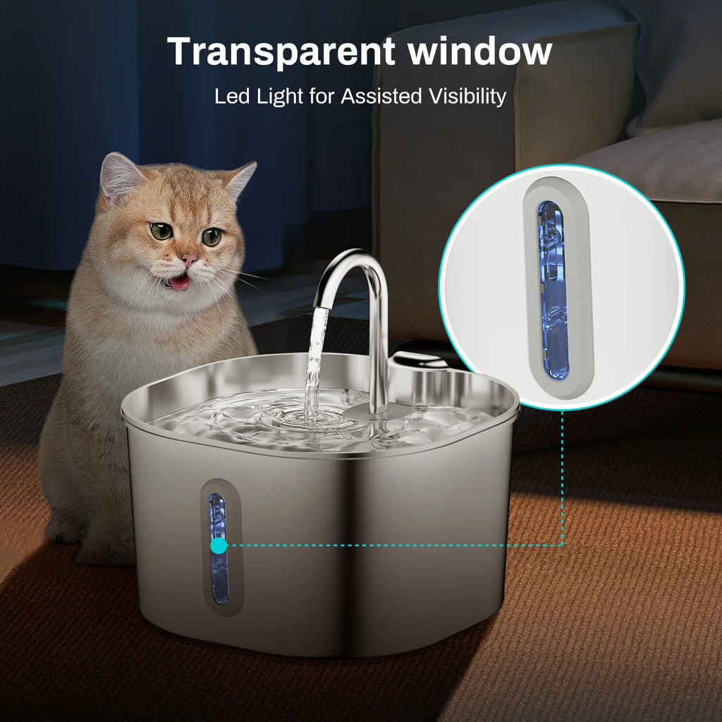 Fuente de Agua Inteligente Mascotas de Acero Inoxidable AquaPaws™ (2.2L) - Con Filtro y Bomba Ultra Silenciosa