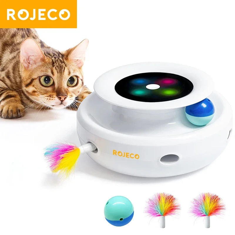 Robeco juguetes inteligentes 2 en 1 para gato y perro, juego automático de plumas y bolas divertidas, 5 modos, accesorios interactivos electrónicos para mascotas