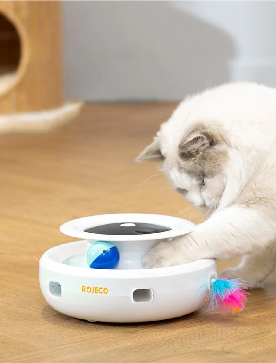 Robeco juguetes inteligentes 2 en 1 para gato y perro, juego automático de plumas y bolas divertidas, 5 modos, accesorios interactivos electrónicos para mascotas